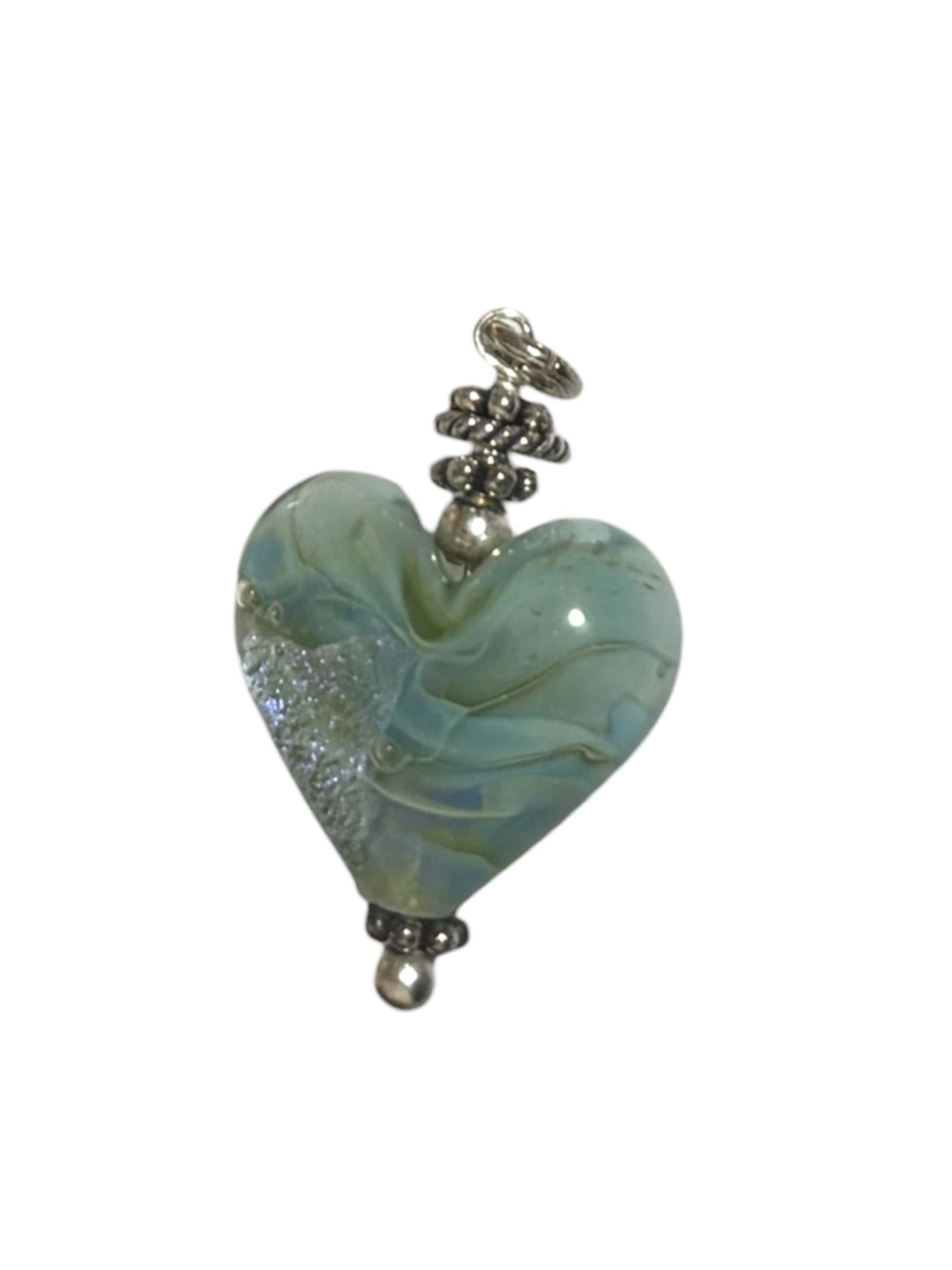Handmade Aqua Heart Glass Pendant with Silver Accents